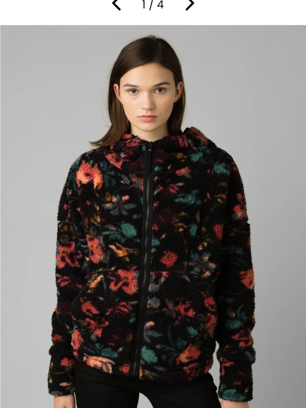 Prana Floral Fleece Zip-Up Hoodie Jacket in Black floral print
